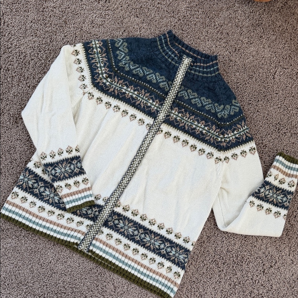 Tiara Cream Zip-Up Fair Isle Cardigan with Navy & Olive Accents